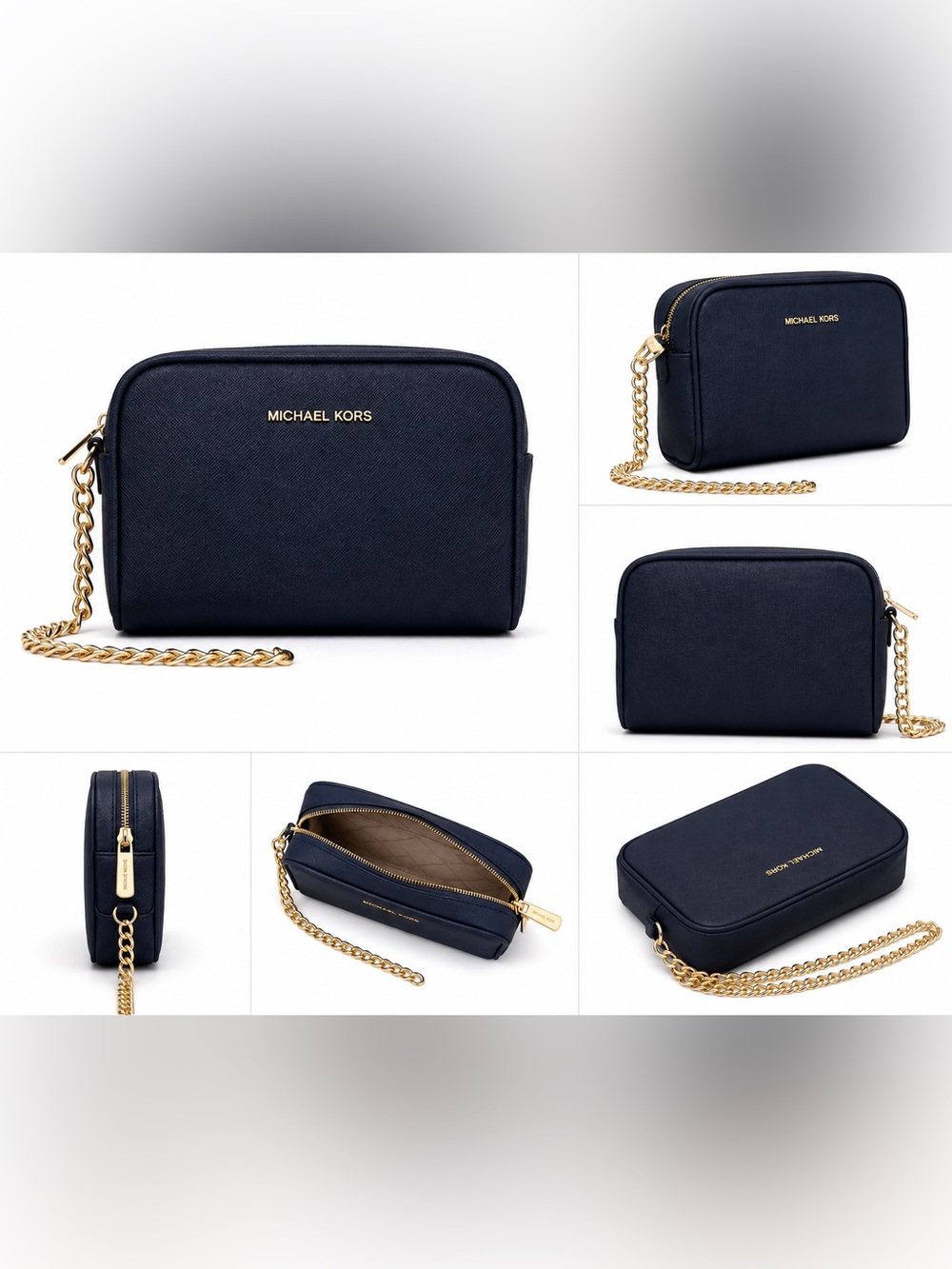 Michael Kors Navy Small Zip wristlet bag Pouch w/ Gold Chain Detachable Strap
